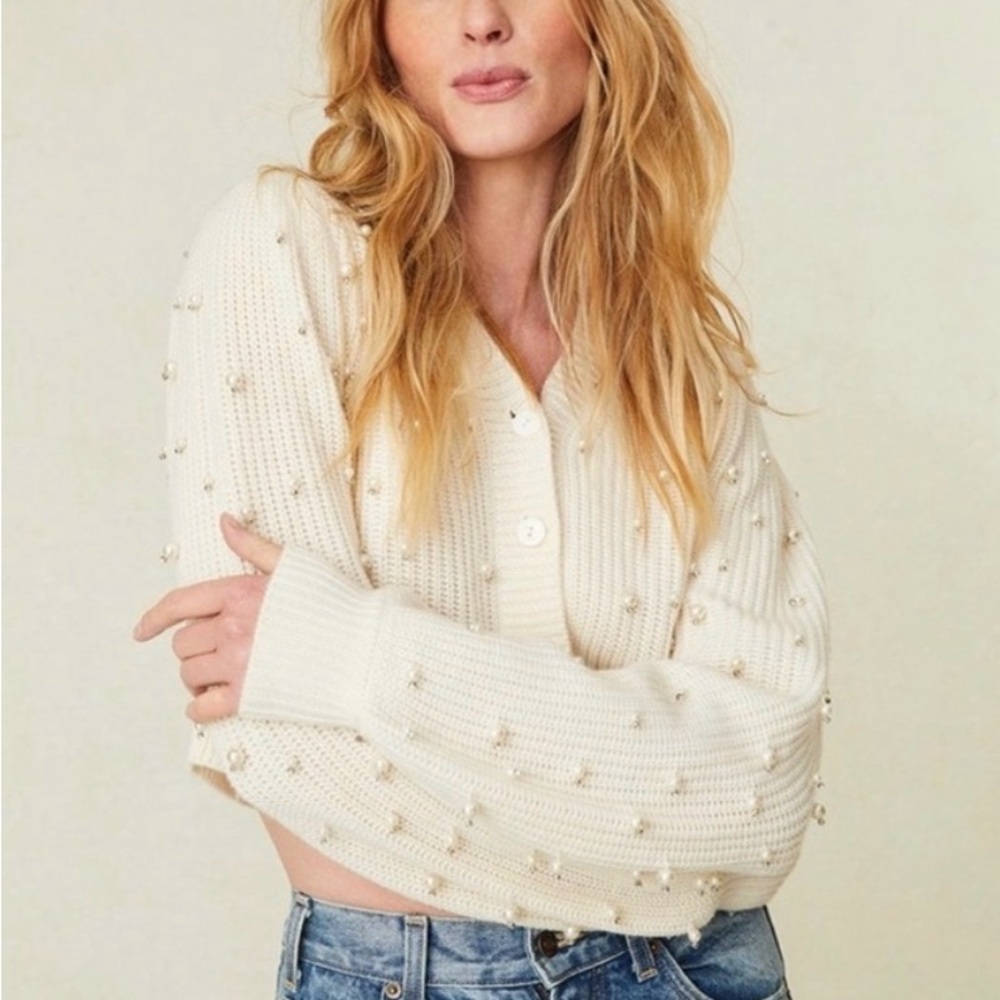 LoveShackFancy Cream Cardigan with Pearl Details